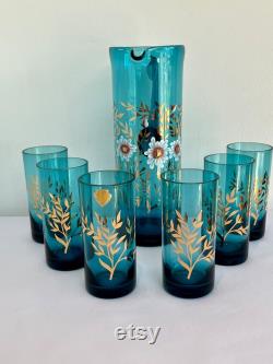 Vintage Bohemia turquoise and gold glass pitcher set lemonade set glass jug pimms jug vintage glass juice set