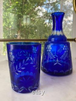 Vintage Bohemian Cobalt Blue Glass Tumble Up Carafe Set