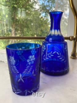 Vintage Bohemian Cobalt Blue Glass Tumble Up Carafe Set