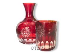 Vintage Bohemian Czech Ruby Art Glass Hand Cut BedsideWater Decanter and Glass, TUMBLE-UP Carafe and Glass,