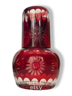 Vintage Bohemian Czech Ruby Art Glass Hand Cut BedsideWater Decanter and Glass, TUMBLE-UP Carafe and Glass,
