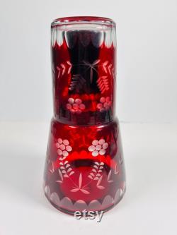 Vintage Bohemian Czech Ruby Cut to Clear Bedside Water Carafe Tumble Up and Glass