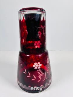 Vintage Bohemian Czech Ruby Cut to Clear Bedside Water Carafe Tumble Up and Glass