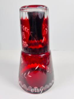 Vintage Bohemian Czech Ruby Cut to Clear Bedside Water Carafe Tumble Up and Glass