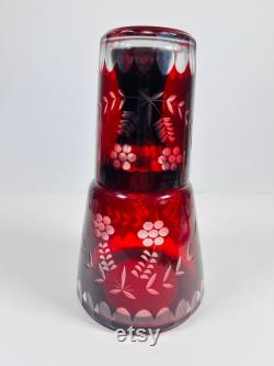 Vintage Bohemian Czech Ruby Cut to Clear Bedside Water Carafe Tumble Up and Glass