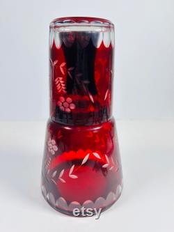 Vintage Bohemian Czech Ruby Cut to Clear Bedside Water Carafe Tumble Up and Glass