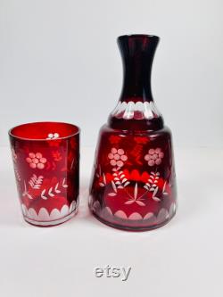 Vintage Bohemian Czech Ruby Cut to Clear Bedside Water Carafe Tumble Up and Glass