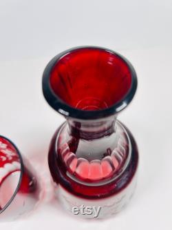 Vintage Bohemian Czech Ruby Cut to Clear Bedside Water Carafe Tumble Up and Glass