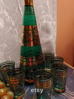 Vintage Bohemian Green Glass Hand Painted Decanter 6 Glasses Set