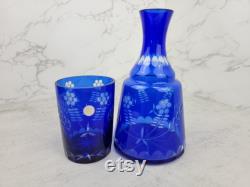 Vintage Bohemian cobalt blue glass carafe set vintage cut to clear blue glass nightstand carafe