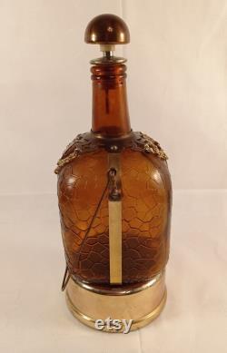 Vintage Carafe With Playing Music Box, Decorated Whiskey Decanter, Square Brown Bottle with Rounded Corners, Lantern Design 1970s