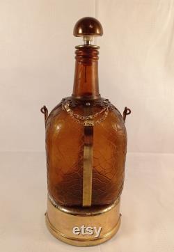 Vintage Carafe With Playing Music Box, Decorated Whiskey Decanter, Square Brown Bottle with Rounded Corners, Lantern Design 1970s