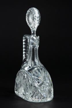Vintage Crystal Glass Faceted Carafe Decanter with Stopper, Engraved Decanter, Textured Glass Carafe