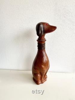 Vintage EMPOLI Glass Carafe Bottle Dog Dachshund Leather Italy Design 60 Years Mid Century
