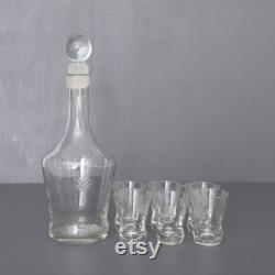Vintage Etched Glass Carafe and 6 Schnapps Glasses, Decanter Set For Strong Liquor, 1960s Vintage Barware, Bar Cart Essentials