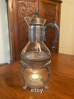 Vintage Etched Silver Plate and Glass Coffee or Tea Carafe with Ornate Warming Stand