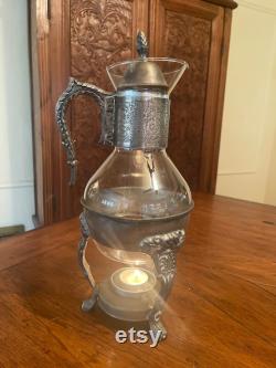 Vintage Etched Silver Plate and Glass Coffee or Tea Carafe with Ornate Warming Stand