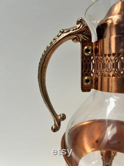 Vintage French Mouth Blown Glass Carafe with Copper Accents and Footed Warming Base Heritage Collection by Princess House Elegant Display Vase