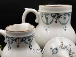 Vintage French Pair of St Uze Ironstone Jugs with Side Handle Detail. White with Art Deco Design. Blue and Brown Design. Antique Jugs.
