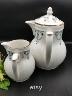 Vintage French Pair of St Uze Ironstone Jugs with Side Handle Detail. White with Art Deco Design. Blue and Brown Design. Antique Jugs.