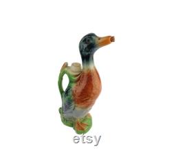 Vintage Garnier Enghien Paris Liquor Bottle Carafe Pitcher Duck Shaped, Hand Painted Ceramic Bottle