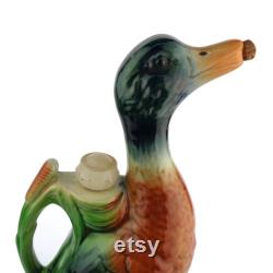 Vintage Garnier Enghien Paris Liquor Bottle Carafe Pitcher Duck Shaped, Hand Painted Ceramic Bottle