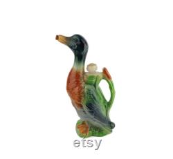 Vintage Garnier Enghien Paris Liquor Bottle Carafe Pitcher Duck Shaped, Hand Painted Ceramic Bottle