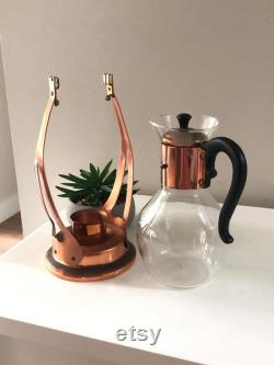 Vintage Glass Corning Carafe Copper Holder Warmer Retro Mid Century Heat Resistant