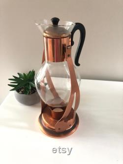 Vintage Glass Corning Carafe Copper Holder Warmer Retro Mid Century Heat Resistant