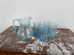 Vintage, Glass service, BIOT, signed, carafe, series of 4 large glasses, orangeade service, 1970s, chic glassware, France