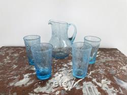 Vintage, Glass service, BIOT, signed, carafe, series of 4 large glasses, orangeade service, 1970s, chic glassware, France