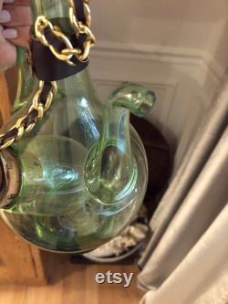 Vintage Hand Blown Italian Green Glass Wine Decanter Carafe Ice Chamber Chiller and Stopper