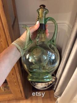 Vintage Hand Blown Italian Green Glass Wine Decanter Carafe Ice Chamber Chiller and Stopper
