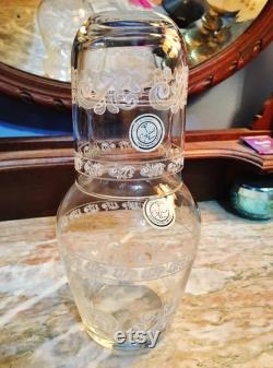 Vintage Handcrafted Crystal Nightstand Water Carafe and Glass Festooned Made in Turkey