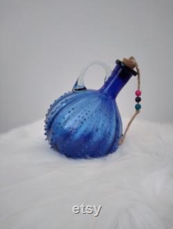 Vintage Handmade Blown Glass Blue Murano Carafe, Drinkware, Wine Carafe, Art Glass, Beaded Glass