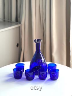 Vintage Holmegaard Cobalt blue Viking Carafe and 6 tumblers designed by Ole Winther, Cobalt blue glass decanter, Blue Holmegaard carafe set