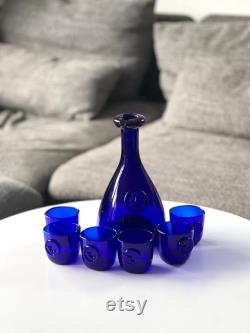 Vintage Holmegaard Cobalt blue Viking Carafe and 6 tumblers designed by Ole Winther, Cobalt blue glass decanter, Blue Holmegaard carafe set