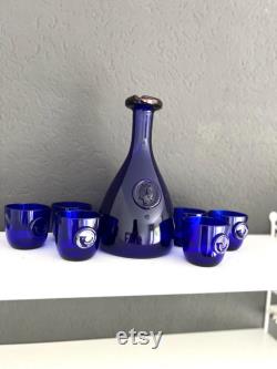 Vintage Holmegaard Cobalt blue Viking Carafe and 6 tumblers designed by Ole Winther, Cobalt blue glass decanter, Blue Holmegaard carafe set