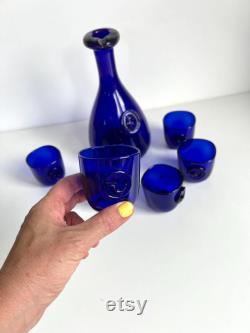 Vintage Holmegaard Cobalt blue Viking Carafe and 6 tumblers designed by Ole Winther, Cobalt blue glass decanter, Blue Holmegaard carafe set