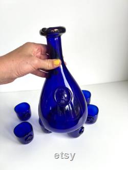 Vintage Holmegaard Cobalt blue Viking Carafe and 6 tumblers designed by Ole Winther, Cobalt blue glass decanter, Blue Holmegaard carafe set