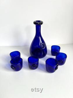 Vintage Holmegaard Cobalt blue Viking Carafe and 6 tumblers designed by Ole Winther, Cobalt blue glass decanter, Blue Holmegaard carafe set