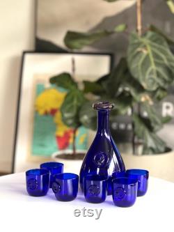 Vintage Holmegaard Cobalt blue Viking Carafe and 6 tumblers designed by Ole Winther, Cobalt blue glass decanter, Blue Holmegaard carafe set