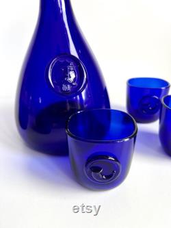 Vintage Holmegaard Cobalt blue Viking Carafe and 6 tumblers designed by Ole Winther, Cobalt blue glass decanter, Blue Holmegaard carafe set