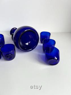 Vintage Holmegaard Cobalt blue Viking Carafe and 6 tumblers designed by Ole Winther, Cobalt blue glass decanter, Blue Holmegaard carafe set