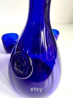 Vintage Holmegaard Cobalt blue Viking Carafe and 6 tumblers designed by Ole Winther, Cobalt blue glass decanter, Blue Holmegaard carafe set