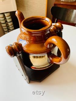 Vintage Hot Drink Pitcher, BEAUCEWARE Hot Chocolate Dispenser Pottery Hot Toddy, Coffee Decanter on Wooden Stand