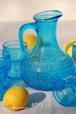 Vintage Italian 1970s Fidenza Vetraria carafe azure blue glass flower pattern glass Made in Italy,