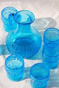 Vintage Italian 1970s Fidenza Vetraria carafe azure blue glass flower pattern glass Made in Italy,