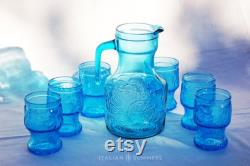 Vintage Italian azure glass carafe 6 clear glass tumblers, embossed with lemons and fruit motifs, 1970s vintage, Made in Italy,