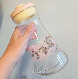 Vintage Juice Carafe and Six Juice Glasses Set Pastel Pink Splatter Golden Flower Blooms 50s 60s Mid Century Kitchen Breakfast Libbey Duchess